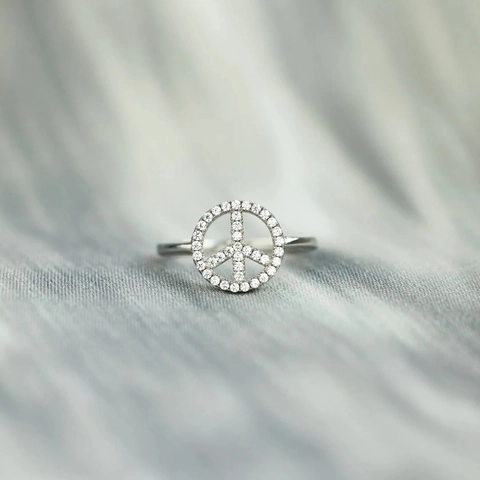 925 Sterling Silver Peace Sign Ring For Women Simple Pave Zirconia Geometric Ring Fashion European Jewelry Gift