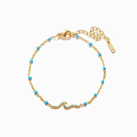 Pulsera de Ola de Mar de Plata de Ley 925 Esmalte Azul Strass Cadena de Oro Ajustable Estilo Océano Joyería de Moda para Mujer