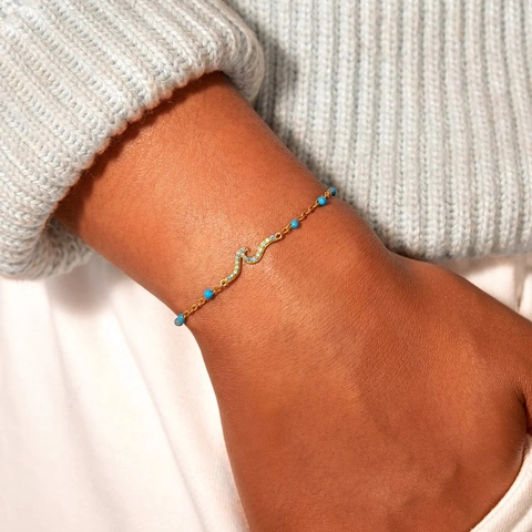 Pulsera de Ola de Mar de Plata de Ley 925 Esmalte Azul Strass Cadena de Oro Ajustable Estilo Océano Joyería de Moda para Mujer