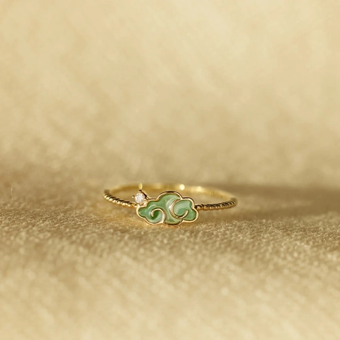 S925 Sterling Silver Green Enamel Auspicious Cloud Ring For Women Vintage Chinese Style Gold Plated Rhinestone Jewelry Gift