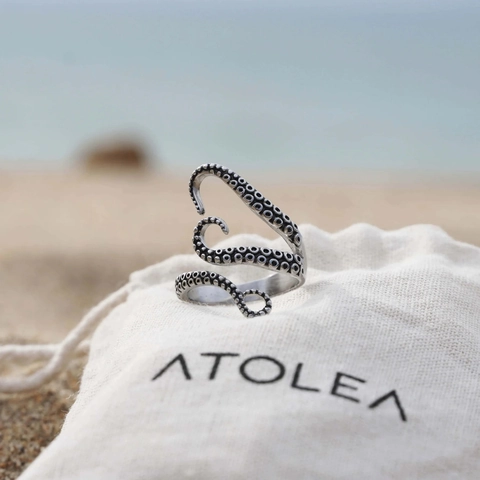 S925 Argento Sterling Anello Aperto a Tentacolo di Polpo per Donna Regolabile Vintage Nautico Marino Texture a Ventosa Gioielli