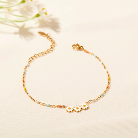 S925 Sterlingsilber Gänseblümchen Blume Emaille Armband Für Damen Gold Überzogene Kette Bunte Perlen Schmuck Zubehör