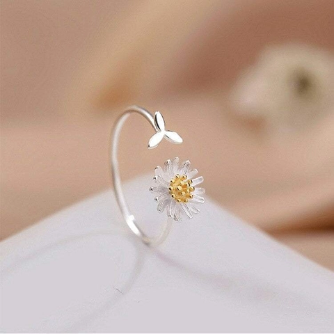 925 Sterling Silver Daisy Sunflower Two Tone Open Adjustable Ring For Women Minimalist Fashion Jewelry Gift Adjustable Finger Ring