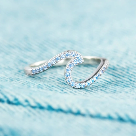 Anello Onda in Argento Sterling S925 Design Minimalista Increspatura Dell'oceano Zirconia Blu Bianca Intarsiata Donna
