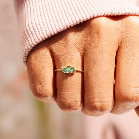 S925 Sterling Silver Green Enamel Auspicious Cloud Ring For Women Vintage Chinese Style Gold Plated Rhinestone Jewelry Gift