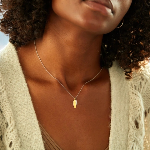 S925 Sterlingsilber Doppel Feder Anhänger Halskette Gold Silber Zweifarbig Blatt Minimalistische Mode Schlüsselbeinkette Damen