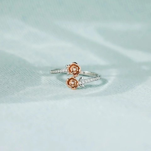 S925 Sterling Silver Two-Tone Rose Flower Ring For Women Elegant Double Rose Inlaid Rhinestone Finger Ring Fashion Jewelry