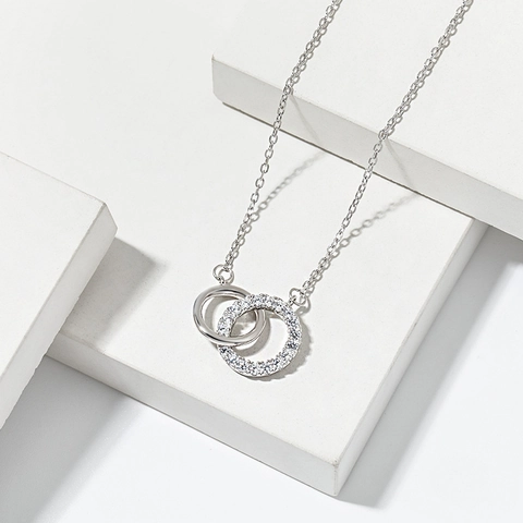 925 Sterling Zilveren Dubbele Ring Interlocking Halsketting Voor Vrouwen Geometrische Dainty Strass Hanger Kettingen Mode Sieraden