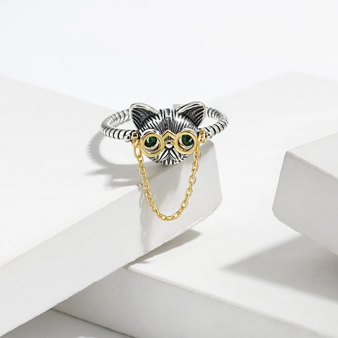925 Sterling Silver Cat Ring With Gold Glasses Dangling Chain Rhinestone Eyes Vintage Two Tone Adjustable Animal Open Ring