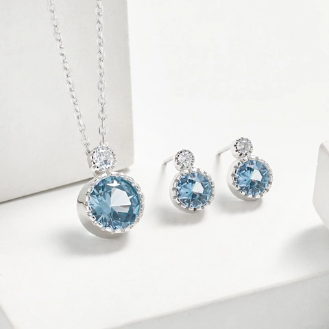 925 Sterling Silver Blue Zirconia Pendant Necklace Stud Earrings Geometric Commuter Simple Fashion Jewelry For Women