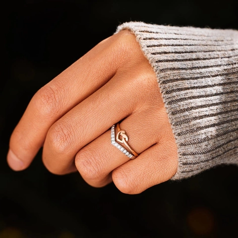 925 Sterling Silver Heart Knot Stackable Rings For Women Rhinestone V Shaped Two Tone Minimalist Fashion Finger Jewelry