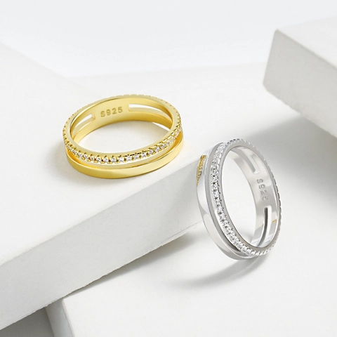 925 Sterling Silver Double Layer Rhinestone Ring For Women Simple Fashion Geometric Line Finger Ring Jewelry Birthday Gift
