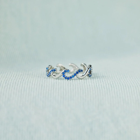 S925 Sterling Silver Blue Zirconia Wave Ring For Women Minimalist Fashion Ocean Theme Inlaid Finger Ring Jewelry Gift