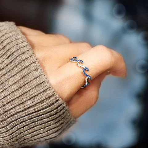 S925 Sterling Silver Blue Zirconia Wave Ring For Women Minimalist Fashion Ocean Theme Inlaid Finger Ring Jewelry Gift