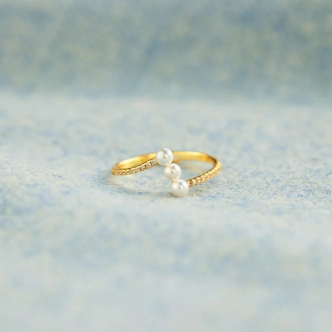 Anillo de Onda de Plata de Ley 925 para Mujer Oro Galvanizado Perla Artificial Diamante de Imitación Anillo de Dedo Joyería