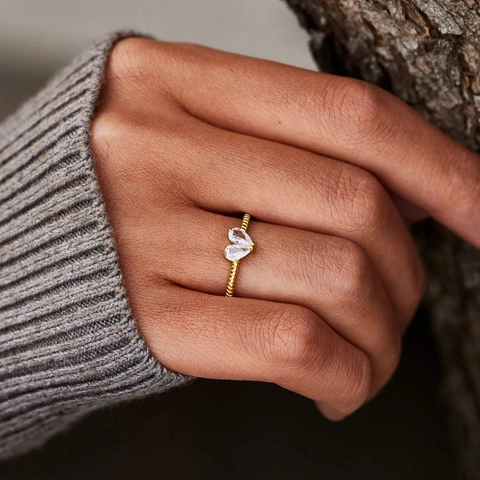 925 Sterlingsilber Herz Offener Ring Für Damen Vergoldet Verstellbar Gedrehtes Seil Design Strass Birnenstein Fingerring