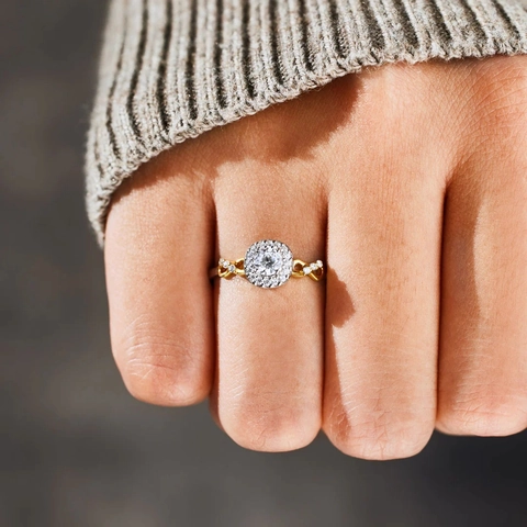 925 Sterling Silver Two-Tone Halo Zirconia Ring Interlocked Geometric Elegant Statement Finger Ring Jewelry For Women Gift