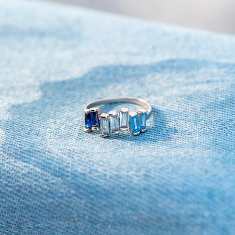 925 Sterling Silver Baguette Blue Gradient Rhinestone Ring Women Simple Personalized Index Finger Fashion Jewelry Silver Ring