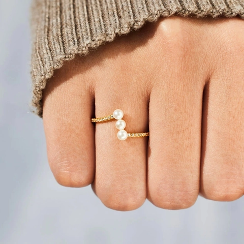 Anillo de Onda de Plata de Ley 925 para Mujer Oro Galvanizado Perla Artificial Diamante de Imitación Anillo de Dedo Joyería