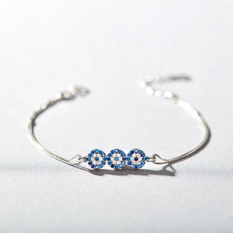 Braccialetto Occhio del Male in Argento Sterling 925 per Donna Placcato Oro Bianco Triplo Tondo Strass Intarsiato Gioielli