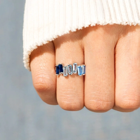 925 Sterling Silver Baguette Blue Gradient Rhinestone Ring Women Simple Personalized Index Finger Fashion Jewelry Silver Ring