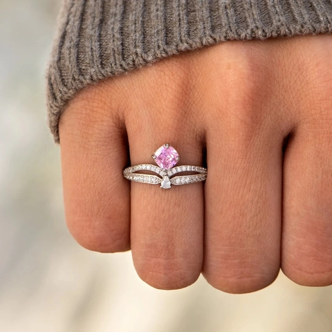925 Sterling Silver Pink Princess Cut Rhinestone Ring Elegant Crown Shape Double Band Fashion Jewelry For Women Wedding Party