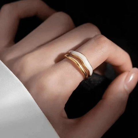 S925 Sterlingsilber Doppelschicht Emaille Offener Ring Für Damen Minimalistische Wellenlinie Verstellbarer Gold Fingerring Mode Schmuck