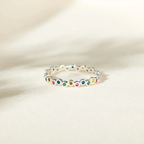 925 Sterling Silver Rainbow Colorful Rhinestone Eternity Ring For Women Minimalist Simple Fashion Ins Style Stackable Band Jewelry
