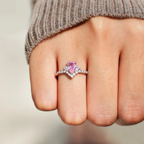S925 Sterling Silver Pear Shaped Pink Rhinestone V Shaped Ring For Women Minimalist Fashion Geometric Finger Jewelry