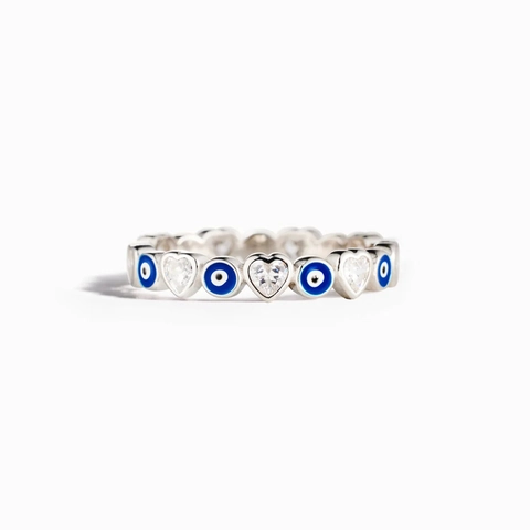 925 Sterling Silver Evil Eye Enamel Ring For Women Heart Rhinestone Inlaid Fashion Jewelry Band Ring Wedding Party Accessory