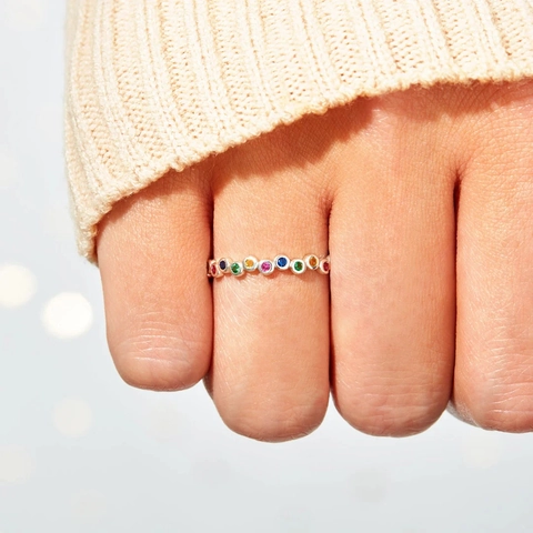 925 Sterling Silver Rainbow Colorful Rhinestone Eternity Ring For Women Minimalist Simple Fashion Ins Style Stackable Band Jewelry