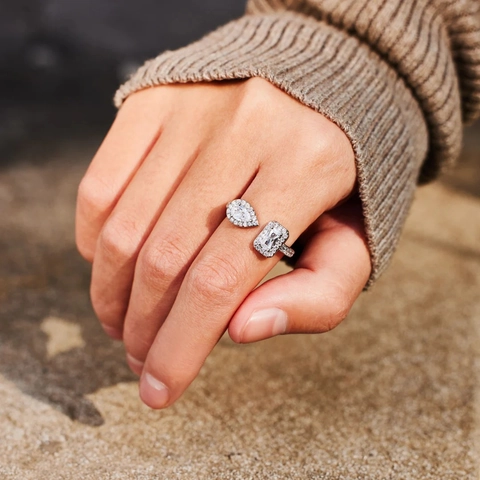 S925 Sterling Silver Open Ring For Women Pear Rectangular Cut Zirconia Adjustable Statement Ring Elegant Jewelry Silver Tone