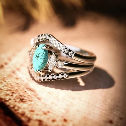925 Sterling Silver Artificial Turquoise Rings For Women Bohemian Stackable Rhinestone Chevron Finger Rings Jewelry