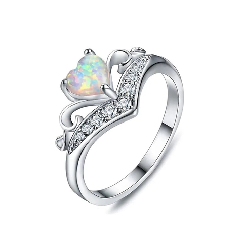 925 Sterling Silver Opal Heart Ring For Women White Gold Plated V Shaped Crown Rhinestone Finger Ring Jewelry Gift