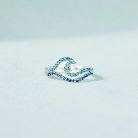 S925 Sterling Silver Gradient Blue Wave Ring For Women Minimalist Fashion Rhinestone Double Layer Index Finger Ring Ocean Style Jewelry