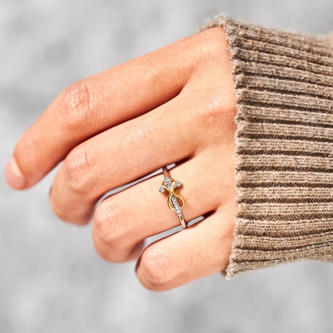 925 Sterling Silver Infinity Cross Two Tone Open Ring For Women Minimalist Rhinestone Religious Jewelry Adjustable Finger Ring