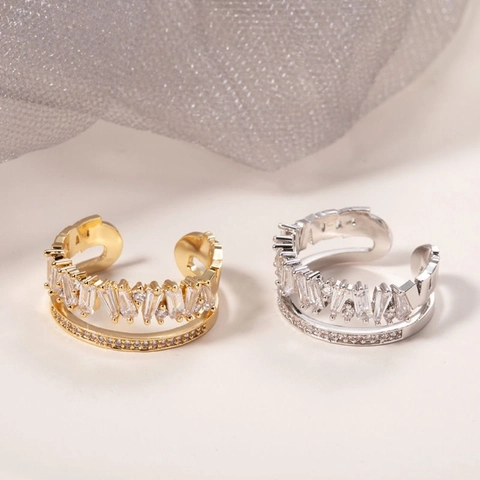 S925 Sterling Silver Double Layer Open Ring Baguette Zirconia Adjustable Geometric Irregular Crown Finger Ring Jewelry
