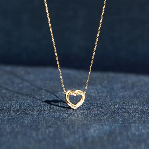 925 Sterling Silver Overlapping Double Hollow Heart Necklace With Rhinestone Minimalist Fashion Heart Pendant Clavicle Chain Jewelry For Women