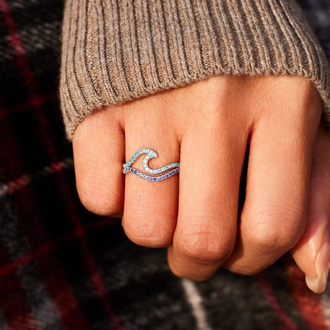 S925 Sterling Silver Gradient Blue Wave Ring For Women Minimalist Fashion Rhinestone Double Layer Index Finger Ring Ocean Style Jewelry