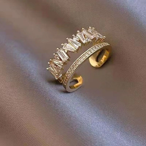 S925 Sterling Silver Double Layer Open Ring Baguette Zirconia Adjustable Geometric Irregular Crown Finger Ring Jewelry