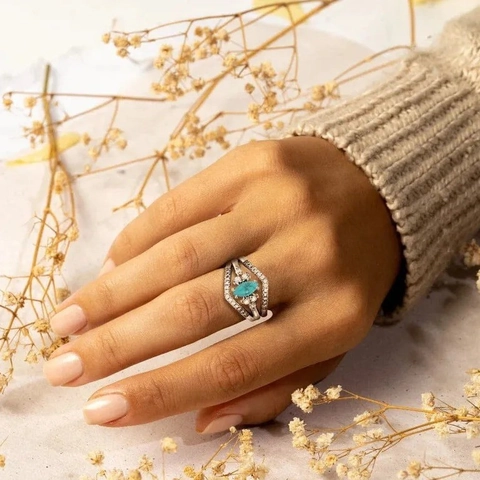 925 Sterling Silver Artificial Turquoise Rings For Women Bohemian Stackable Rhinestone Chevron Finger Rings Jewelry