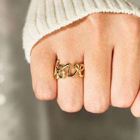 Personalized 925 Sterling Silver LOVE Script Ring For Women Fashion Gold Plated Alphabet Statement Finger Ring Jewelry