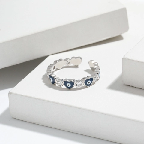 S925 Sterlingsilber Böser Blick Herz Offener Ring Blau Emaille Strass Schmuck Verstellbar Damen