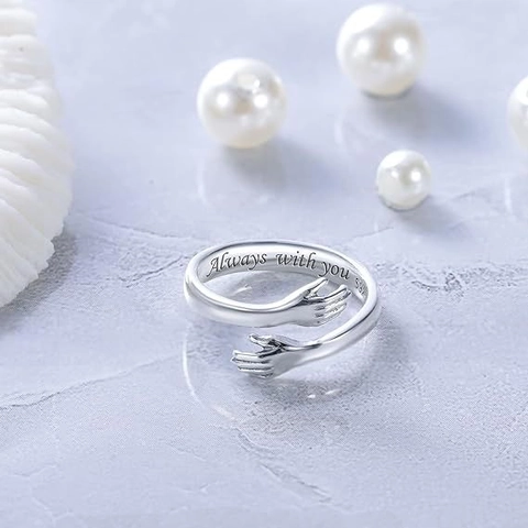 Anillo Abierto de Plata de Ley 925 Manos de Abrazo para Mujer Always With You Grabado Minimalista Ajustable Joyería