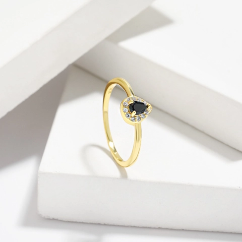 Anillo de Plata de Ley S925 Con Diamante de Imitación Negro Corte Pera Para Mujer Anillo de Gota de Agua Chapado en Oro Joyería