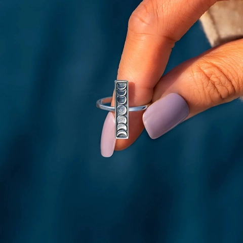 925 Sterling Silver Moon Phase Ring For Women Minimalist Lunar Cycle Engraved Rectangular Plate Geometric Celestial Ring Jewelry Gift