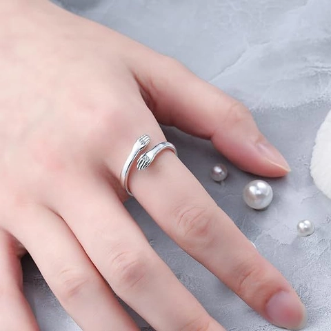 Anillo Abierto de Plata de Ley 925 Manos de Abrazo para Mujer Always With You Grabado Minimalista Ajustable Joyería