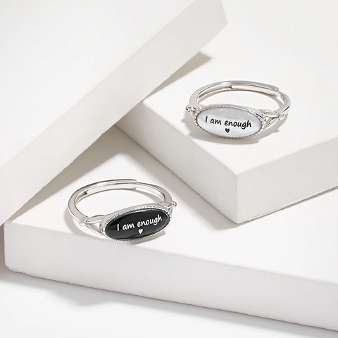 925 Sterling Silver I Am Enough Letter Open Ring For Women Minimalist Shell Agate Heart Adjustable Fashion Jewelry Finger Ring