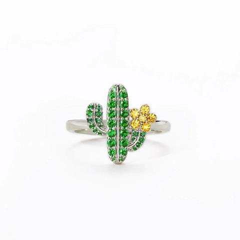 925 Sterling Silver Cactus Ring Green Zirconia Yellow Flower Inlaid Finger Ring Fashion Jewelry For Women Daily Dating Gift