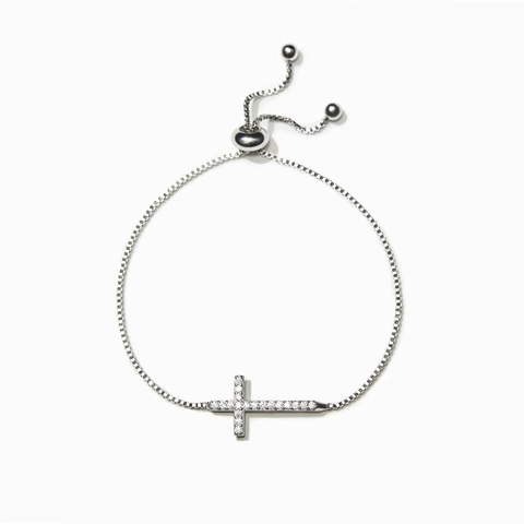 925 Sterling Silver Cross Bracelet For Women Fashion Adjustable Slide Buckle Box Chain Rhinestone Inlaid Jewelry Gift